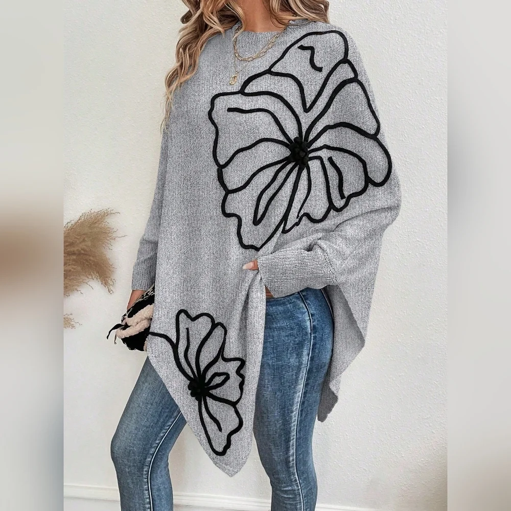 Floral Pattern Batwing Sleeve Asymmetrical Hem Sweater - Picture 4 of 6